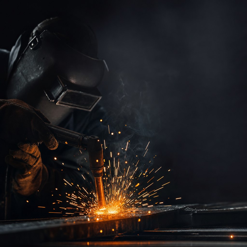 Werkstatt von Metallbau Sturm, Schweißarbeiten an einer Stahlkonstruktion